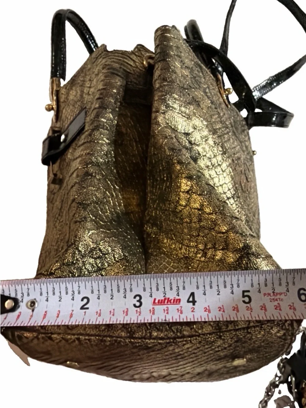 Gianni Bini Gold Snake-Texture Satchel Handbag with Black Accents